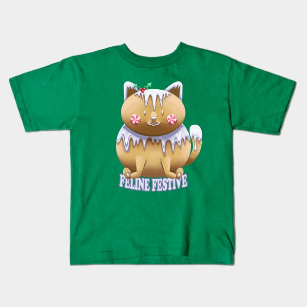 Feline Festive gingerbread cat Kids T-Shirt by Art by Angele G